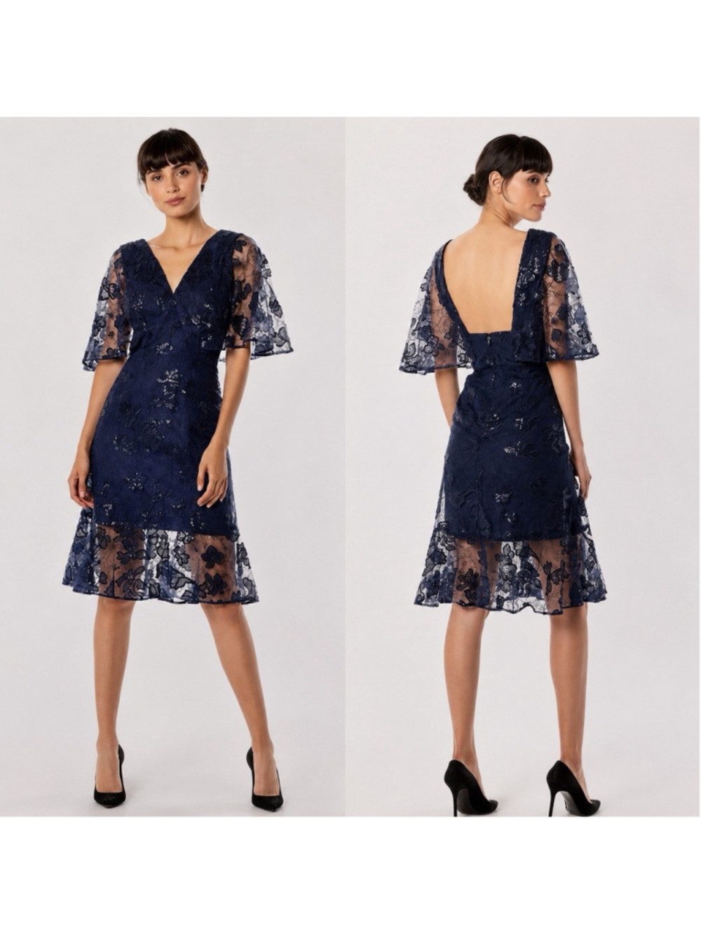 Dress the Population Rosanna Embellished Lace Navy Knee Length Cocktail Dress S